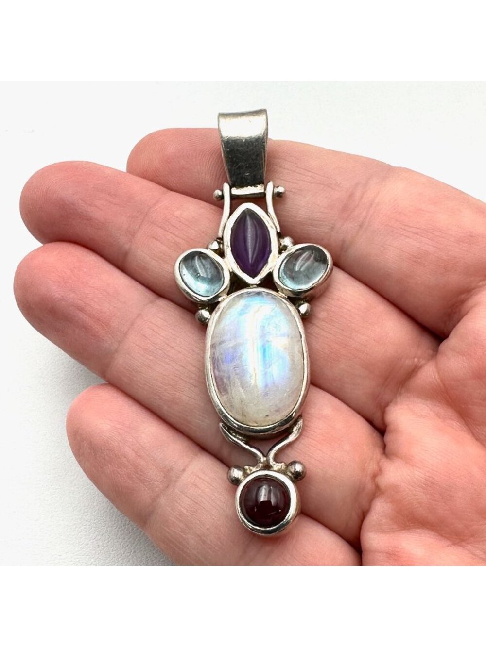Amethyst Moonstone Multi Gemstone Sterling Silver Pendant 2.5"